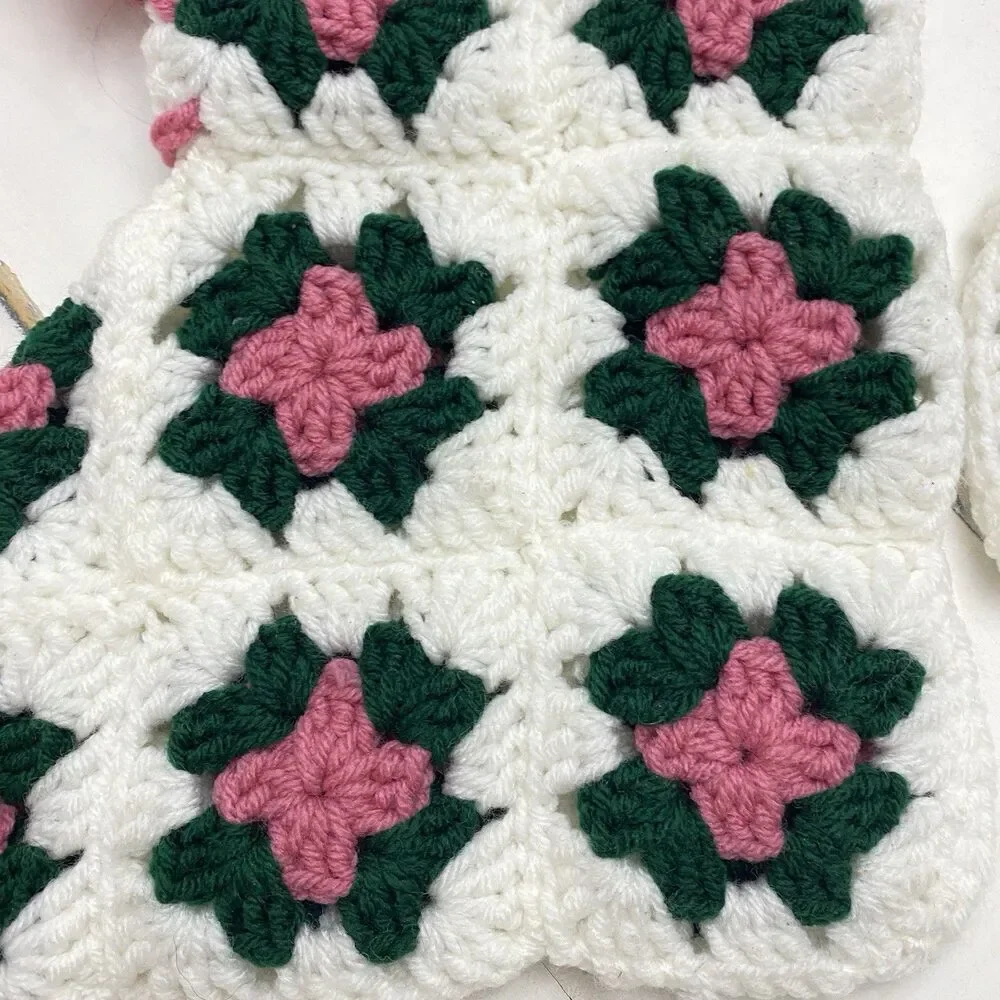 Vtg Handmade Lot of 3 Crochet Granny Square Christmas Stockings Green Pink White